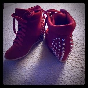 Red Spiked Sneaker Wedges